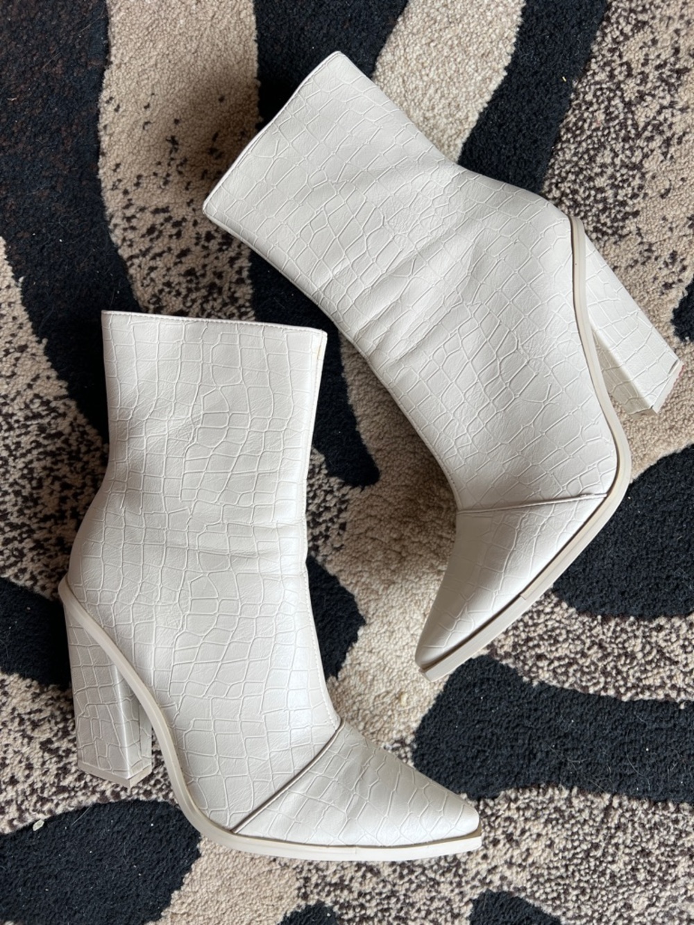 Nasty Gal Off-White Croc-Embossed Pointed Toe Block Heel Ankle Boots